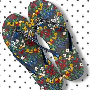 Women's XL Tory Burch Iris Floral and Checked Garden Print Flip Flop Sandal EUC